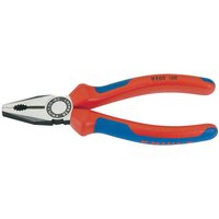 Knipex 200mm combination plier with heavy-duty red and blue handle, silver jaws, and serrated gripping surface.