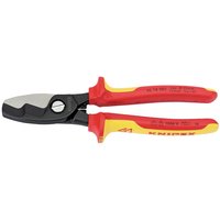 Red and yellow Knipex 200mm fully insulated cable shears with black cutting blades and ergonomic handles.