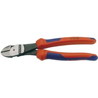 Red and blue Knipex 200mm diagonal side cutter with 12° angled head and high leverage design.