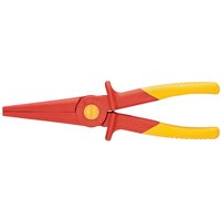 Red and yellow Knipex 220mm fully insulated long nose pliers with pointed tips and ergonomic handles.