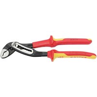 Red and yellow insulated Knipex 250mm alligator water pump pliers with adjustable jaws and ergonomic handles.