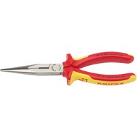 Red and yellow insulated long nose pliers with pointed metal jaws and ergonomic handles, 200mm by Knipex.