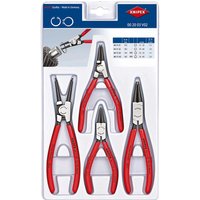 Knipex 4 Piece Circlip Pliers Set with red handles and silver tips, packaged in a white blister pack.