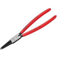 Red-handled Knipex circlip pliers with straight black tips for internal use, suitable for 40-100mm applications.