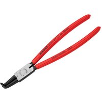 Red-handled Knipex circlip pliers with 90° bent tips for internal use, silver joint, and black gripping ends.