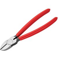 Diagonal cutters with red PVC grips, 180mm length, silver cutting edges, and black joint by Knipex.