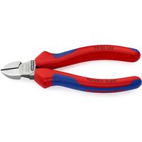 Red and blue Knipex diagonal side cutting pliers with sharp silver jaws and ergonomic handles.