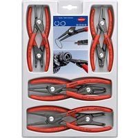Knipex 8 piece precision circlip pliers set with red handles and silver jaws, neatly arranged in a white tray.