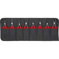 Knipex tool roll set with 8 precision circlip pliers, black handles, red grips, neatly organized in a black fabric case.