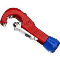 Red Knipex plastic pipe cutter with ergonomic handle, curved blade, and blue adjustment knob.