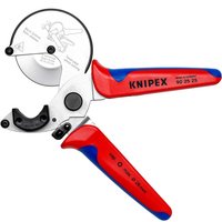 Red and blue Knipex 90 25 plastic pipe cutter with curved blade and ergonomic handles.