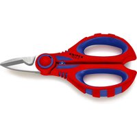Red and blue Knipex electricians cable scissors with curved handles and sharp stainless steel blades.