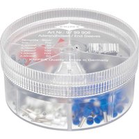Clear round dispenser case with assorted red, blue, and white insulated wire ferrules by Knipex.