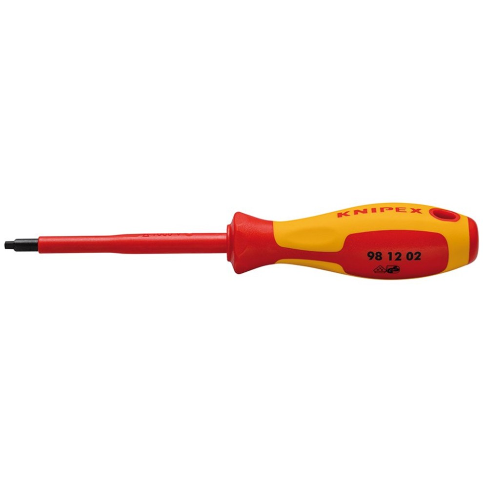 Knipex VDE insulated Robertson screwdriver featuring a red and yellow plastic handle, marked with "Knipex 98 12 02," and a black R2 tip for precision work.