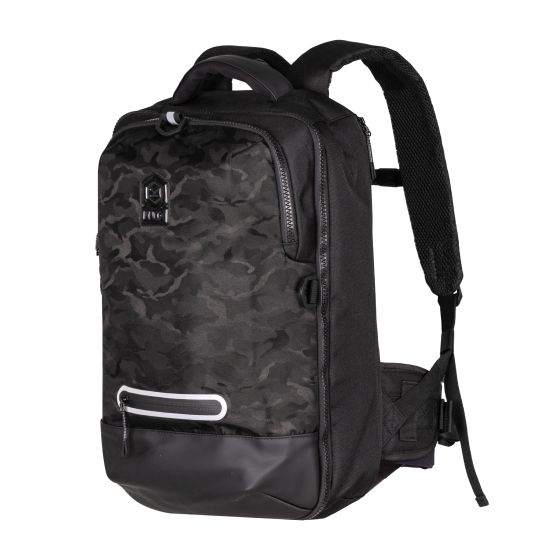 Black camouflage backpack featuring a sleek design, padded shoulder straps, a front zip pocket, and a durable bottom panel for added protection.