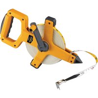 Yellow Komelon Unigrip Fibreglass Tape Measure with black handle, crank, and hook end.