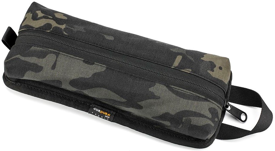 Kriega Codura Pouch in Multicam pattern, featuring durable fabric, a zip closure, and a side handle for easy carrying.