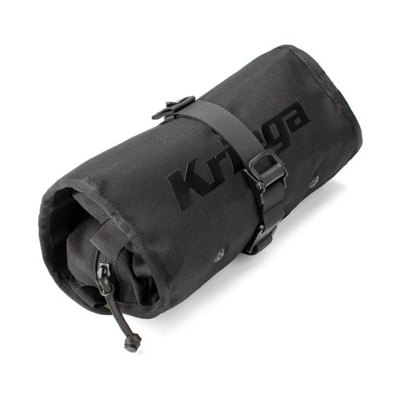 Black Kriega OS Tool Roll made of durable fabric, featuring a roll-up design, adjustable buckle strap, and prominent Kriega logo on the exterior.
