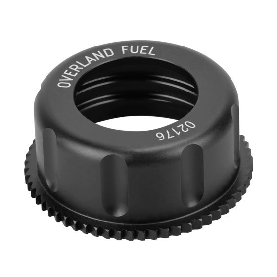 Black CNC alloy screw cap with textured grip and "OVERLAND FUEL" engraving, designed for secure sealing and easy handling.