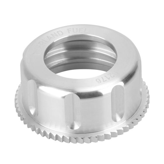 CNC alloy screw cap in neutral silver, featuring a textured edge for grip and engraved "OVERLAND FUEL" branding on the top.