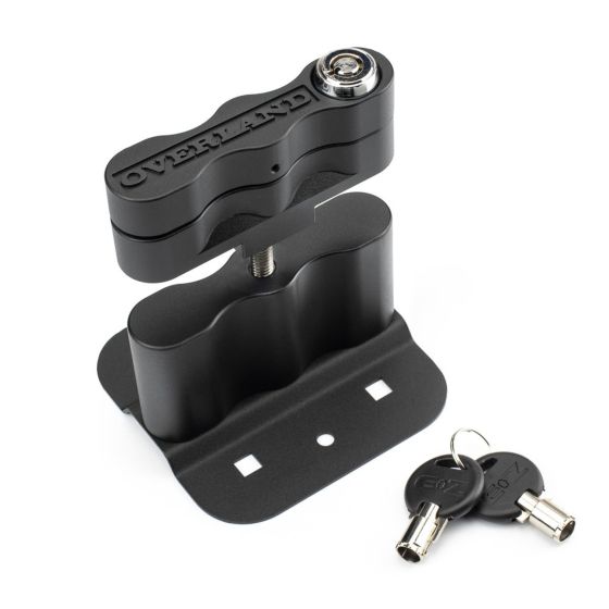 Kriega Overland Fuel Mount in black aluminum features a lockable design with a smooth, contoured shape, and includes two keys for secure storage.
