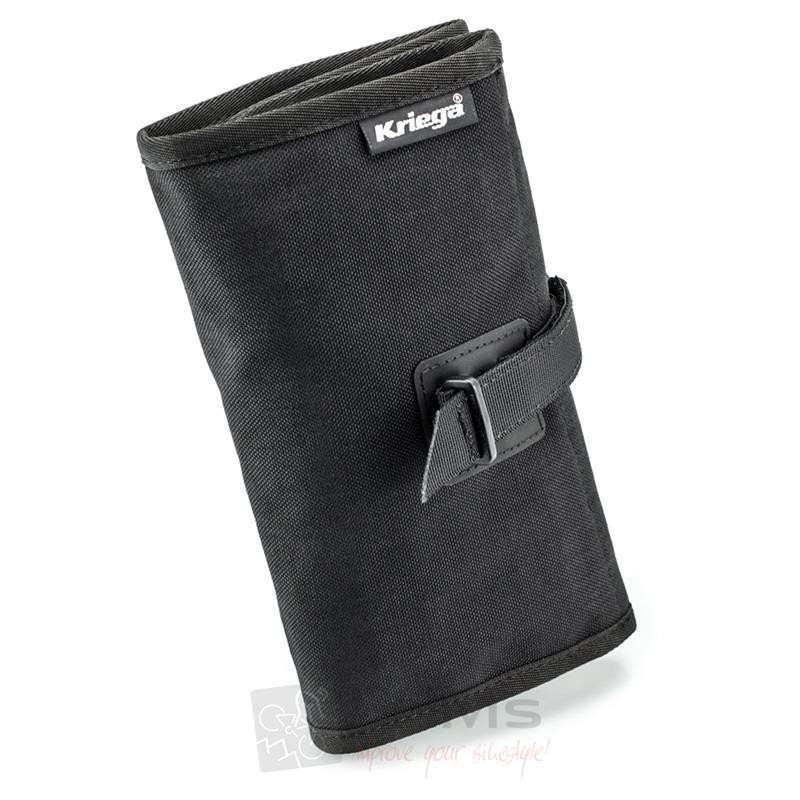Black tool roll made of durable fabric, featuring a secure buckle closure and the Kriega logo on the top, designed for organizing tools efficiently.