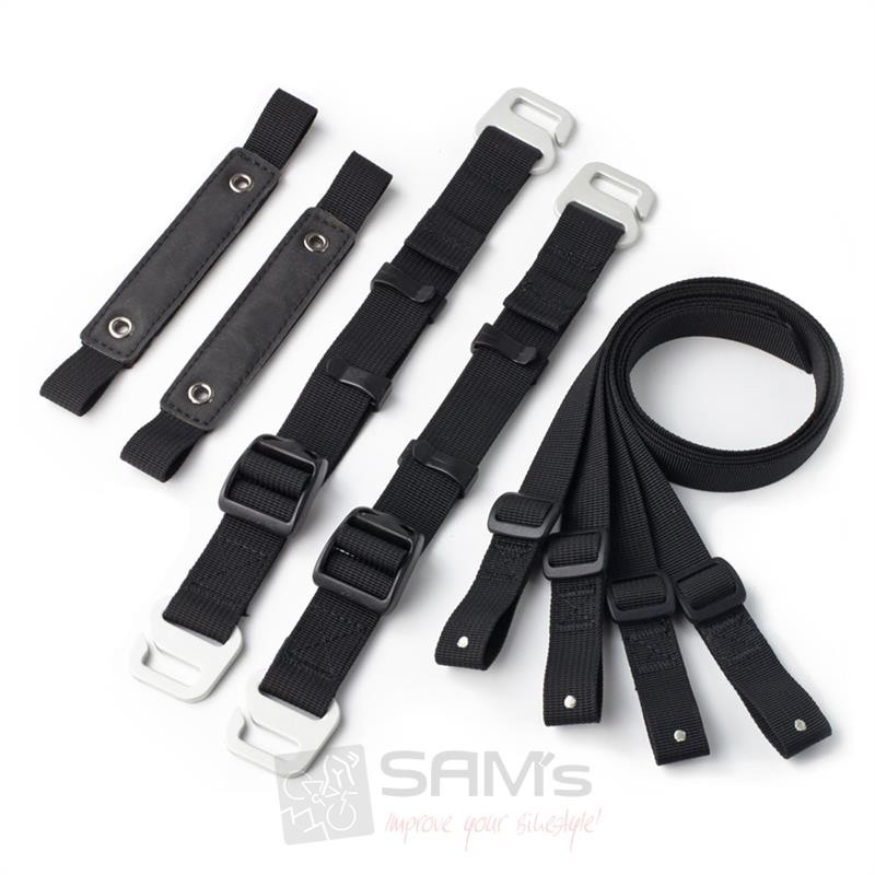 Black replacement belt set for Kriega US-Drypack US-5, featuring durable nylon straps, metal clips, and adjustable buckles, designed for secure attachment and support.