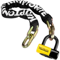 Black and yellow Kryptonite chain lock with thick links and protective sleeve, 150cm length.