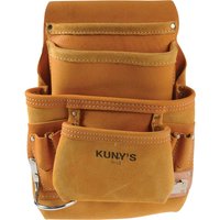 Tan leather Kunys 10 pocket tool bag with reinforced stitching and metal hammer loop.