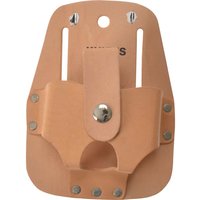 Tan leather Kunys measuring tape holder with rivets and belt slots, featuring a snap closure strap.