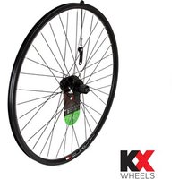 Black KX Wheels Hybrid Doublewall 700c rear wheel with disc brake hub and quick release skewer.