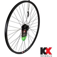 Black KX Wheels Hybrid Doublewall 700c front wheel with disc brake hub and quick release skewer.