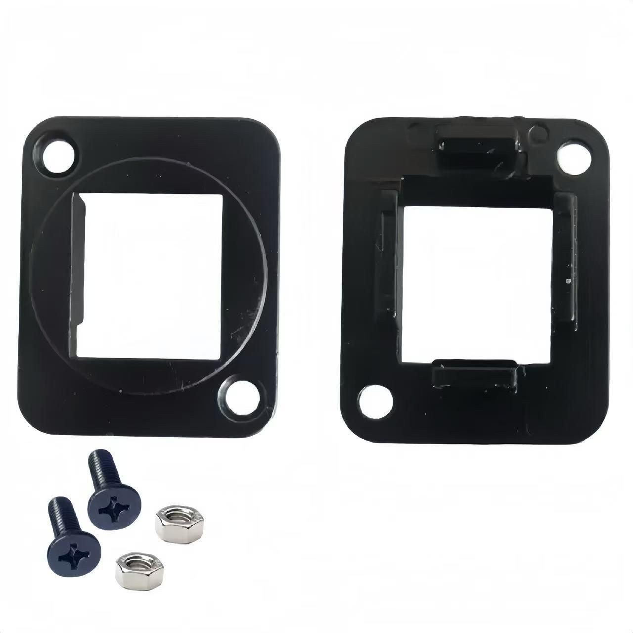 Black plastic D-size keystone lock with a square cutout, featuring two mounting holes and accompanied by two screws and nuts for installation.