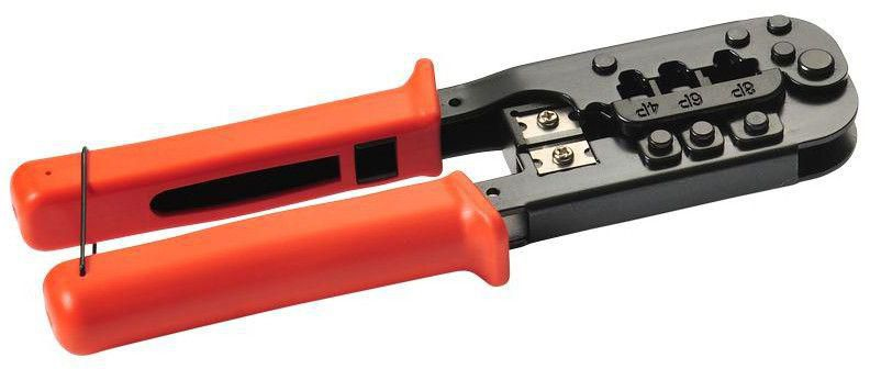 Black cable crimper with orange rubber grips, featuring multiple crimping slots and a metal cutting edge for precise wire termination.