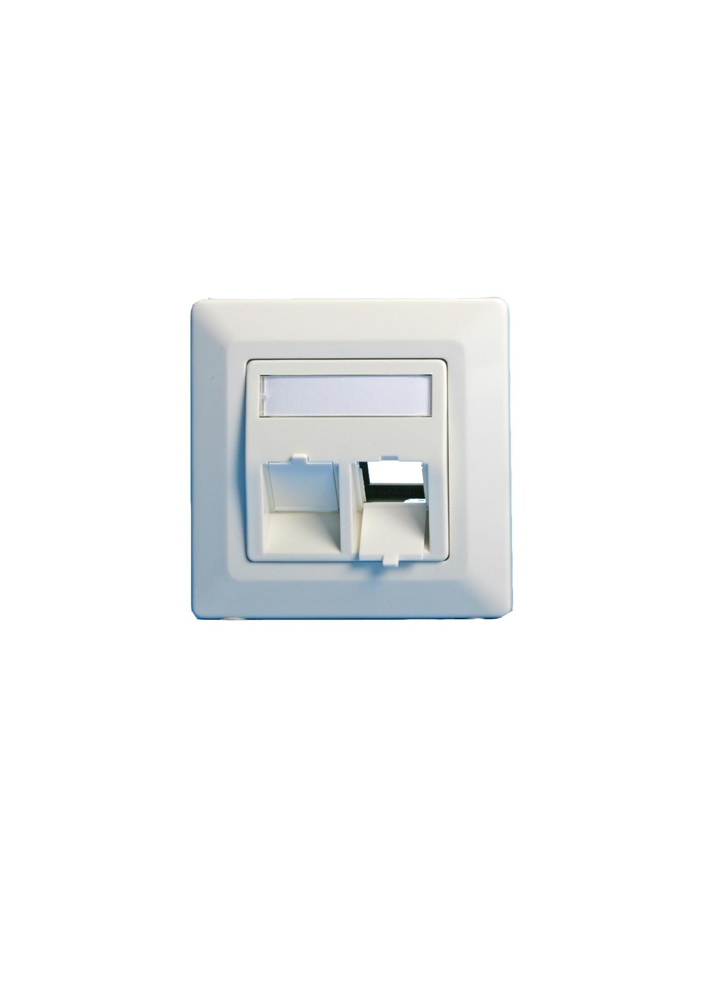 White plastic wall plate/switch cover featuring two openings for data connections, with a clean, modern design suitable for various interior styles.