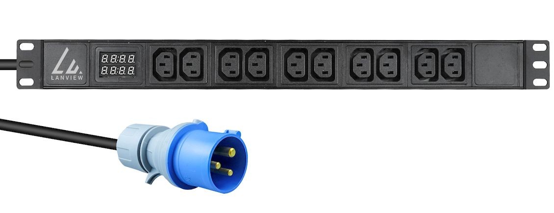 Black power distribution unit with 10 AC outlets, featuring digital display for monitoring, and a blue 3-prong power connector on the side.