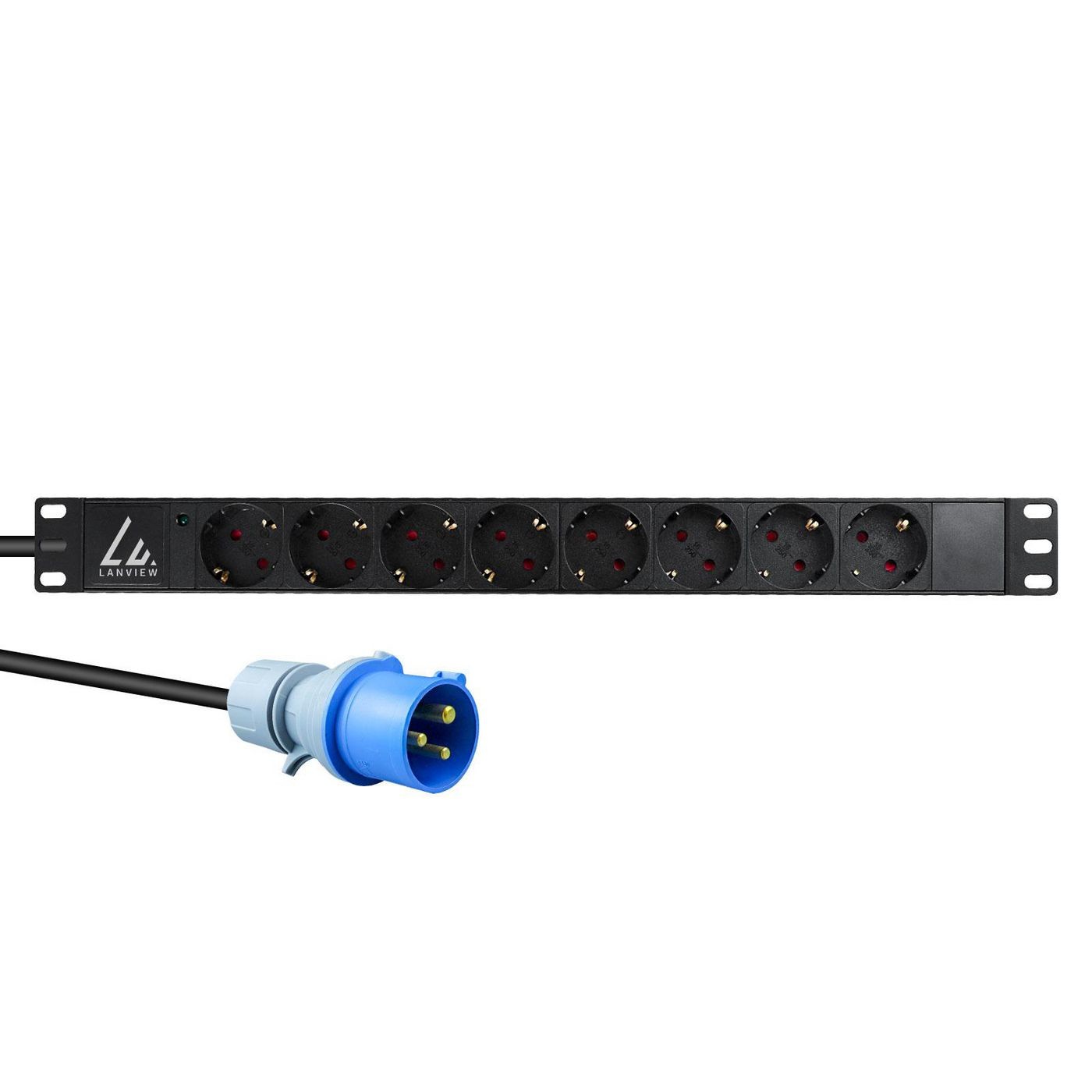 Black power distribution unit with eight AC outlets, featuring a blue locking connector and a sleek, durable design for efficient power management.