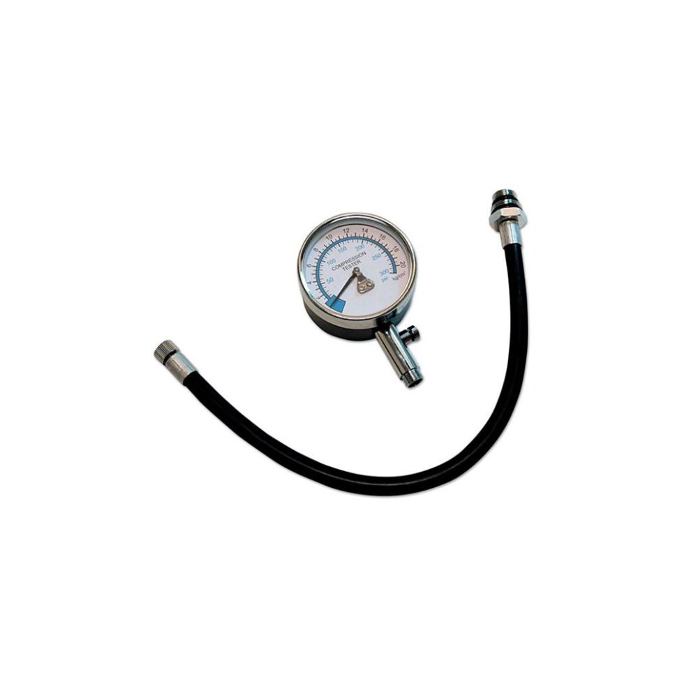 Laser 2516 Compression Tester features a round gauge with a white face and blue markings, attached to a black rubber hose with a metal connector.