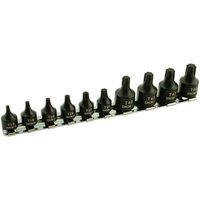 Black Laser 5664 low profile star bit set, 10 pieces on a metal rail, each bit labeled with size.