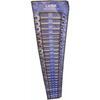 Blue roll-up case with 25 silver combination spanners ranging from 6mm to 32mm, branded Laser.