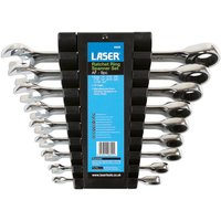 Silver Laser 9 piece ratchet combination spanner set with black holder and blue label.