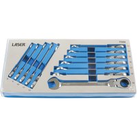Laser 7350 set of 12 silver flexible ratchet ring spanners, sizes 8-19mm, in blue and silver packaging.
