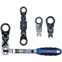 Laser 7863 ratchet ring spanner set with black multi-heads, sizes 13-19mm, and a blue-handled ratchet.