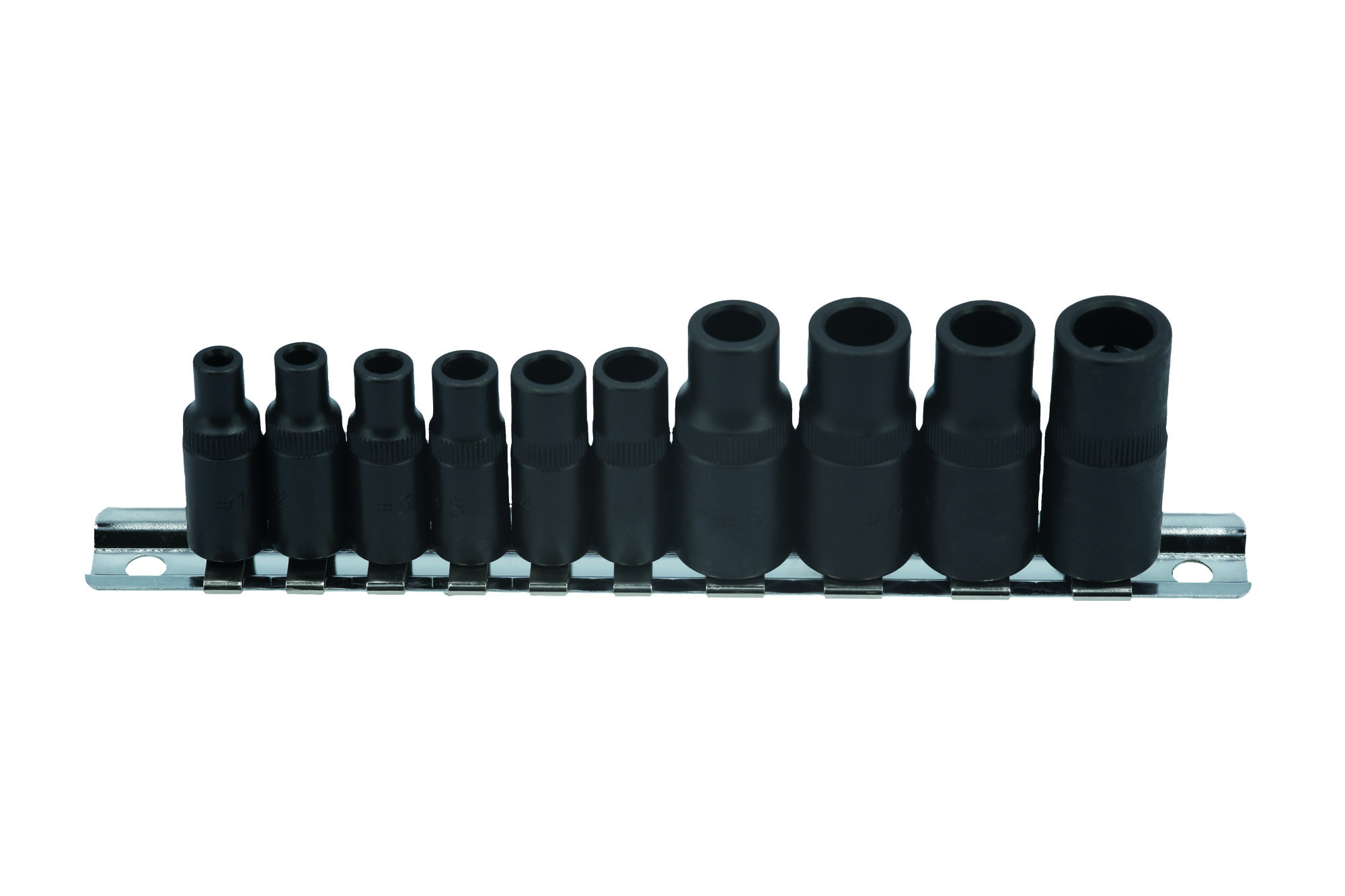 Ten black tap sockets of varying sizes, ranging from 1/4" to 3/8", mounted on a metal rail for easy organization, designed for use with drive tools.