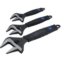Black and silver wide mouth adjustable wrench set, 3 pieces, with rubberized grips and blue accents.