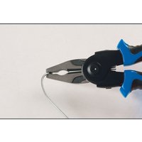 Black and blue Laser 8763 pliers with interchangeable jaws, gripping a metal wire.