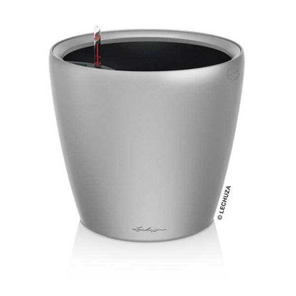Glossy gray round planter with a 14-inch diameter, featuring a built-in water reservoir and a sleek, modern design by Lechuza.