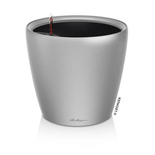 Sleek silver round planter with a glossy finish, featuring a self-watering system and a visible water level indicator, designed for indoor and outdoor use.
