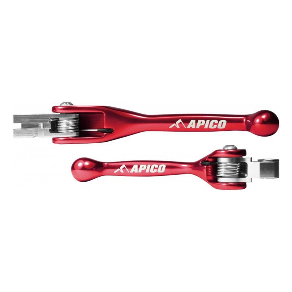 Red Apico flexi levers set for Honda motorcycles, featuring a sleek aluminum design with a polished finish and the "APICO" logo prominently displayed.