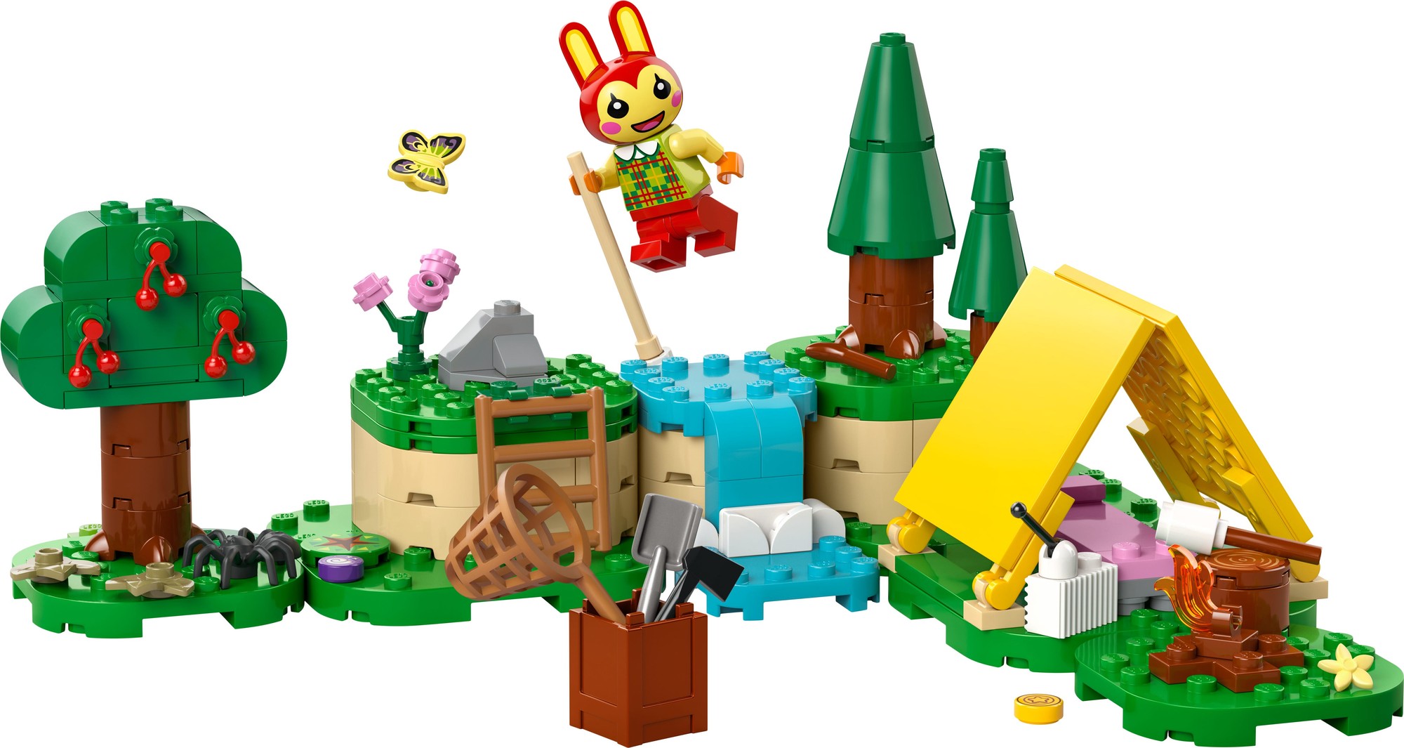 Colorful LEGO set featuring a bunny character in a vibrant outfit, a tent, trees, flowers, a waterfall, and various accessories like a basket and tools on a green base.